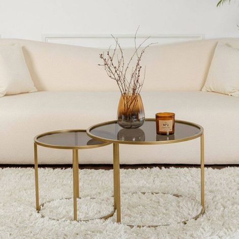 Dmora Tavolino da Salotto Abbadesse 60x60x43h cm oro Bronzo set di 2 Tavolini Forma Rotondo, Materiale Struttura in Vetro