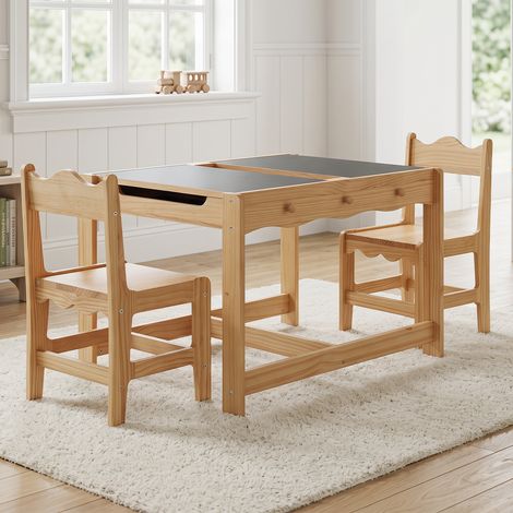 Wahson Set Tavolo Bambini con 2 Sedie Tavolino e Sedie 3 in 1, con Lavagna Tavolino in Legno con Piano Ribaltabile e Vano Portaoggetti,Mobili per la Cameretta dei Bambini/Asilo, Legno Naturale (1/5)