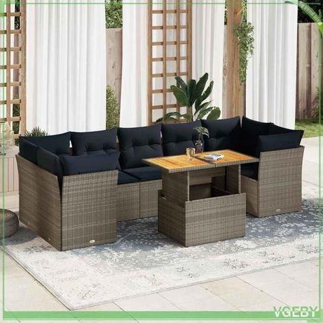 Salon de jardin 8 pièces - 3326903 - Résine tressée gris - Coussins bleu marine déhoussables - Table réglable acacia (1/5)