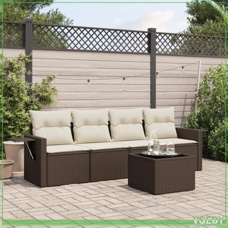 Salon de jardin - 5 pièces - Résine tressée marron - Rangement sous assise - Coussins déhoussables (1/3)