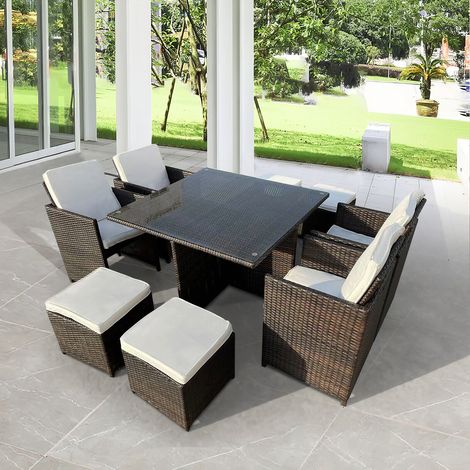 8 Seater Rattan Dining Table and Chair Cube Set w Cover (1/5)