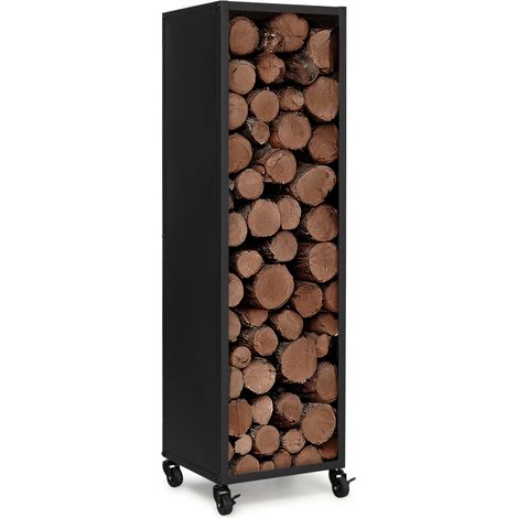 Idmarket – Range-bûches vertical en acier noir – H. 112 cm – 4 roulettes pivotantes avec freins – Design élégant pour cheminée (1/5)