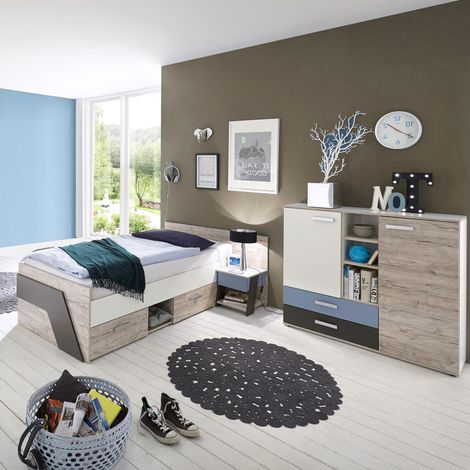 Jugendzimmer Set mit Kommode 3-teilig LEEDS-10 in Sandeiche Nb. mit weiß, Lava und Denim Blau (1/5)