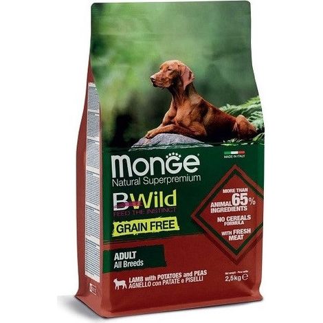 Monge Dog Bwild Grain Free Adult All Breed Agnello e Piselli  - Monge Dog Bwild Grain Free Adult All Breed Agnello e Piselli - Sacco Da 2,5 Kg