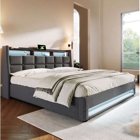 Bett Polsterbett 180x200 cm Grau aus Leinen mit LED, USB und Metall-Lattenrost