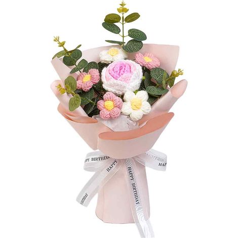 Bouquet De Fleurs - Fait Main Au Crochet - Fleur Artificielle Décorative - Rose Et Pivoine En Laine Douce - Pour Décoration Intérieure Et Cadeau - 1 Pièce