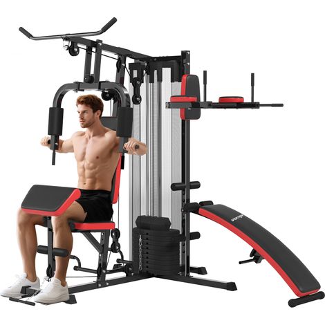 Station de musculation complète - SPORTNOW - poids 65kg - banc abdos et dips - acier - réglable - noir