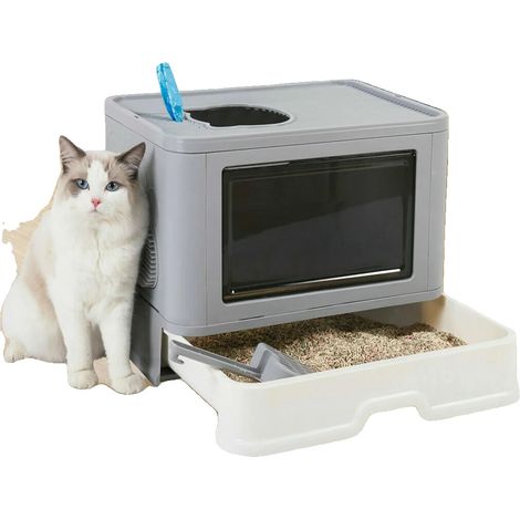 Geschlossene Katzenbox, Spritzschutz-Design, Integrierte Pflege-Schaufel, GRAU (1/2)