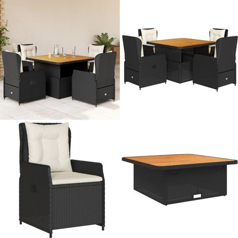 Ensemble à manger de jardin coussins 5pcs Noir Résine tressée - Ensemble Salon De Jardin - Mobilier De Jardin - Table Extensible - Chaises Pliantes - Résine Tressée - Home & Living