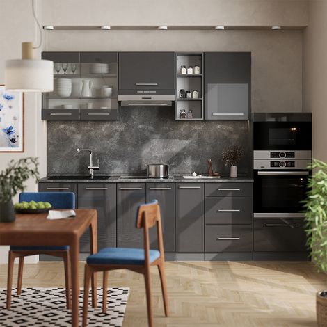 Cuisine Fame-Line, Anthracite Haute brillance, 280cm , PT Chêne, Vicco