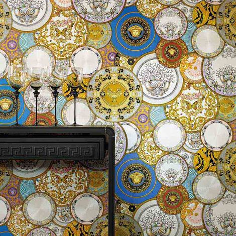 Papier peint baroque original multicolore Tapisserie motif Médusa & fond marin pour salon Papiers peints dorés pour chambre (1/5)