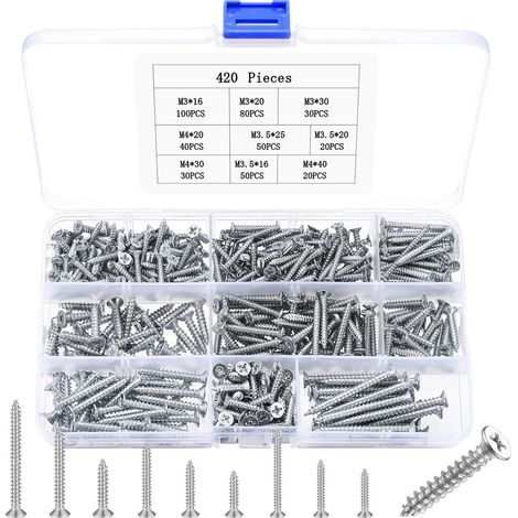 420 Pcs Vis Autotaraudeuses, M3 M3.5 M4 Vis à Bois Fraisées, Vis à Tête Plate Cruciformes pour Métal, Plastique, Bois, Poignées de Porte (1/5)