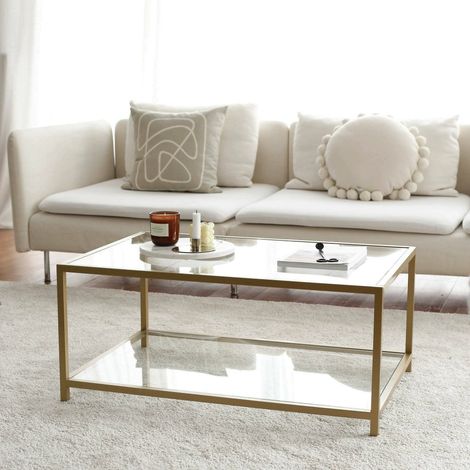 Dmora - Mesa de café Djureski, Mesa de centro baja, Revistero para sofá, Estante de la sala de estar, 90x60h40 cm, Oro (1/5)