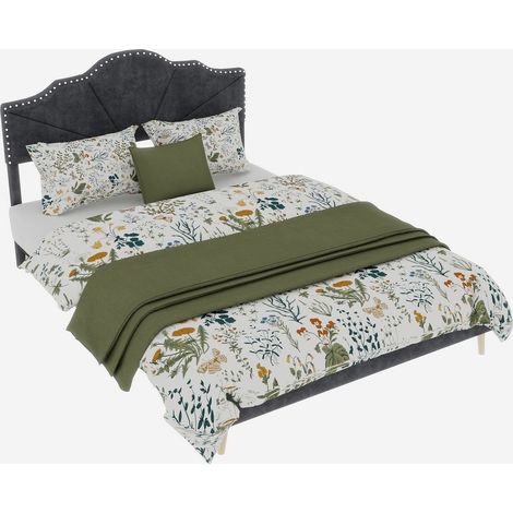 Letto Matrimoniale Imbottito 140 x 200 cm in Tessuto Grigio, Testiera Geometrica, senza Materasso (1/5)