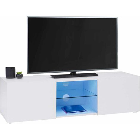 Idmarket – Meuble TV contemporain 113 cm blanc avec étagère en verre réglable – 30 LED avec télécommande – Panneaux de particules mélaminés – Design moderne