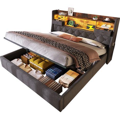 CHICFURN Lit coffre 140x190 cm avec tête de lit LED, ports USB et USB-C, rangement hydraulique intégré, sommier inclus, tissu gris, style rétro, sans matelas (1/5)