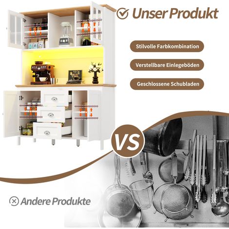 Meuble de rangement haut pour cuisine, buffet avec éclairage LED, 120x40x179 cm, 4 portes et 3 tiroirs, blanc/noir, armoire de stockage étroite. (1/5)