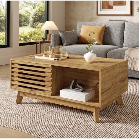 Tavolino da caffè 90x55x57.5 cm, piano sollevabile, anta scorrevole a persiana, MDF, color legno naturale (1/5)
