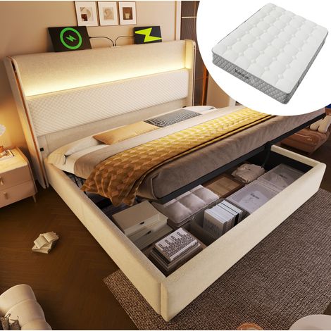 Cama matrimonial hidráulica 160x200 cm con colchón, LED, arcón y USB Type-C beige (1/5)