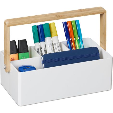 Relaxdays Organiseur à poignée, 4 compartiments, portable, rangement, anse bambou, trieur, HxLxP : 8,5x26x16 cm, blanc