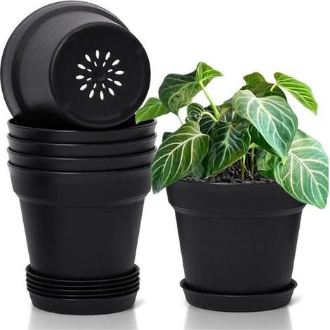 Ynkkvre - Pot de fleurs avec soucoupe. lot de 6 pots d'intérieur en plastique noir - Pots de 14.5 cm avec trous de drainage et soucoupes - Pots décoratifs pour plantes d'intérieur et succulentes (1/5)