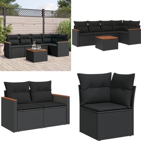 Salon de jardin 6 pcs avec coussins noir résine tressée - Ensemble Salon De Jardin - Mobilier Extérieur - Jardin Design - Chaise Lounge - Set Salon - Home & Living (1/5)