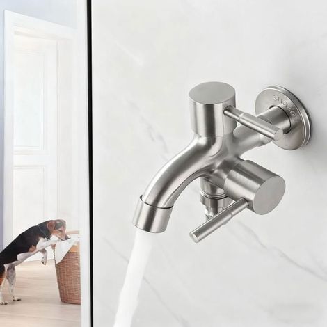 Robinet - Acier Inoxydable - 1 Entrée 2 Sorties - Pour Lave-Linge Et Bac À Balais - Salle De Bain Balcon (1/5)