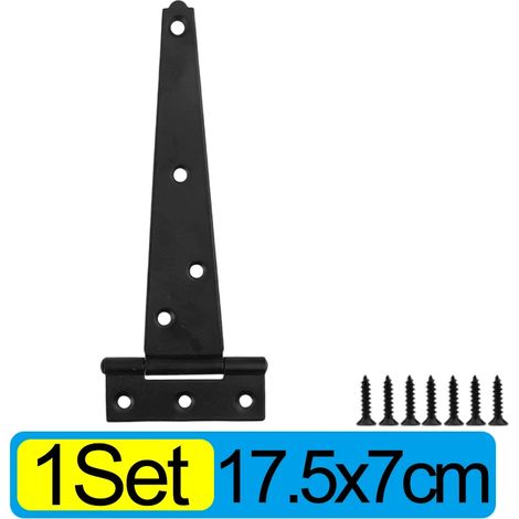 (1 jeu - 17,5 x 7 cm) Charnières en fer en forme de T, robustes, noires, pour portes et portails, placards, granges, pièces, etc., avec vis et support de fixation. (1/5)