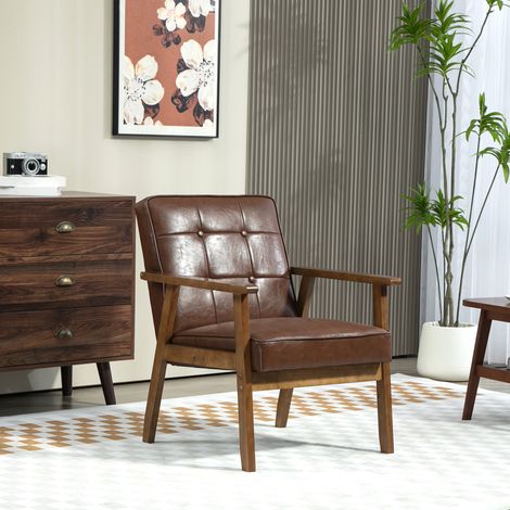 Fauteuil de salon. fauteuil de chambre en cuir synthétique. dossier capitonné. pieds en bois massif. 64x73x81cm. marron