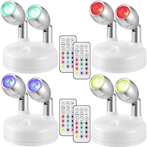 Lot de 4 Spots LED d'intérieur Orientable Projecteur LED sans fil à piles RGB 13 Couleurs double tête avec télécommande, Blanc (1/4)