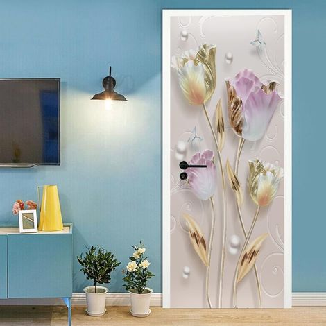 77cm X 200cm Sticker Porte Effet 3D  Autocollant pour Porte  Décoration pour Porte Cuisine, Salon, Chambre, Salle de Bain  Papier Peint pour Les Murs  tulipes roses