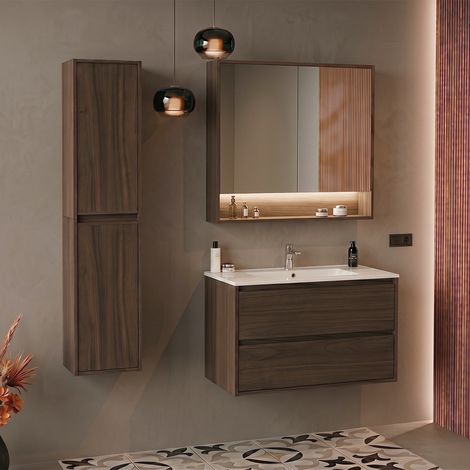 Waschtisch-Set mit Einbauwaschbecken 80 cm Hochschrank und Spiegelschrank Edmé Dunkles Holz (1/5)