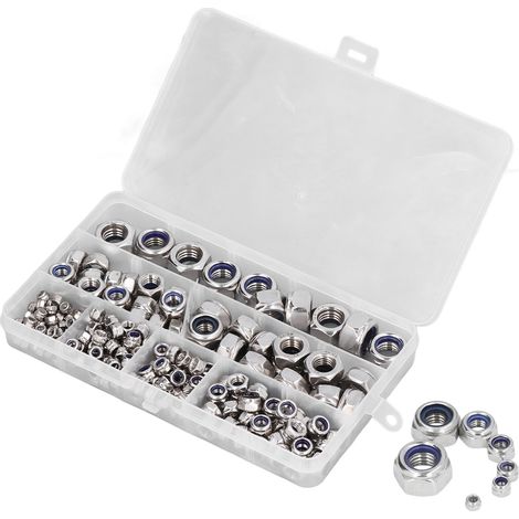 Écrous autobloquants nylon inox M3 M4 M5 M6 M8 M10 M12, assortiment 215 pièces, écrous à frein hexagonal, visserie résistante à la corrosion. (1/5)