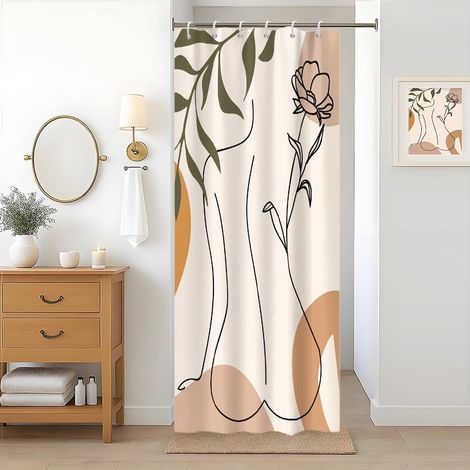 Rideau Douche Anti Moisissure, Rideau Douche 90x180cm Orange Tissu Lavable Boheme Fleuri Rideaux de Baignoire (1/4)