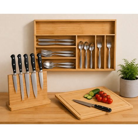 Bamboo Kitchen Organizer Set (3-Piece) – Cutlery Tray, Magnetic Knife Block & Cutting Board