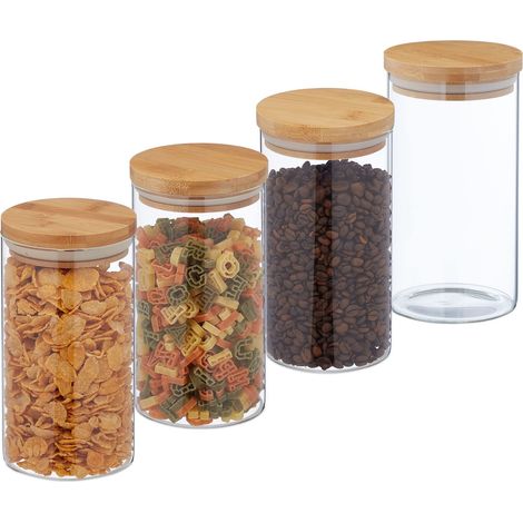Lot de 4 bocaux en verre avec couvercle bambou, bocal conservation, 1000 ml, hermétique, transparent/naturel (1/5)