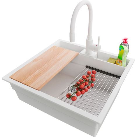 PRIMAGRAN Evier Cuisine en Granit 56x54cm,Lavabo 1 bac + Robinet 38x14cm + Kit de Vidage + Accessoires, Évier à Encastrer au meuble 60cm - Bergen Pocket, Blanc (1/5)
