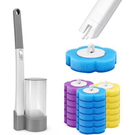 Lot de 4 brosses WC jetables avec poignée allongée et support, éponge avec 18 recharges de nettoyant, pour lavabo, toilettes, piscine (gris) (1/5)