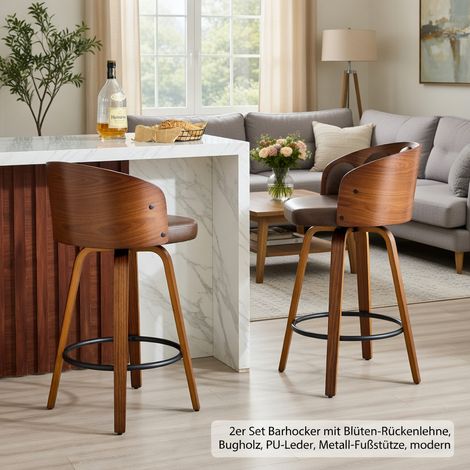 Lot de 2 tabourets, dossier à motifs floraux, bois courbé, cuir PU, repose-pieds en métal, style moderne, marron (1/5)