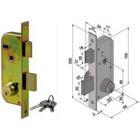 1PZ SERRATURA DA INFILARE PER CANCELLI 2 MANDATE E SCROCCO CILINDRO FISSO 060 - MM.30 CON CATENACCIO MM.25 (06030000)