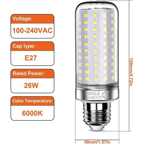Bombillas LED de 26 W, equivalentes a bombillas incandescentes de 200 W, 3000 lm, luz blanca fría de 6000 K, casquillo Edison E27, 3 unidades [Clase energética E] (1/3)
