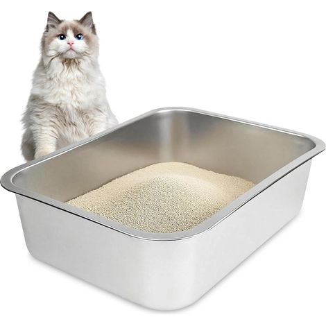 Bac Litiere pour Chat, Caisse Toilette en Acier Inoxydable pour Chats et Autres Petits Animaux(39.5 x 29.5 x 10CM) (1/5)
