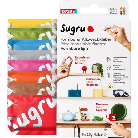 tesa Sugru Colla Multiuso Modellabile, Pasta adesiva versatile, per Decorare, Incollare, Riparare e per Creazioni Fai da Te, Confezione da 8 x 3.5 g, Multicolore (1/5)