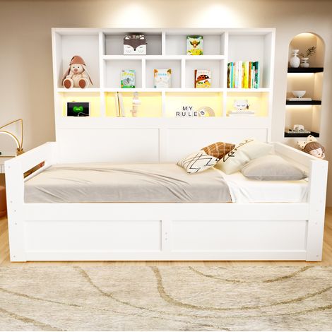 Letto multifunzione 205x114x150 cm, con spazio contenitivo, illuminazione LED, MDF bianco (1/5)