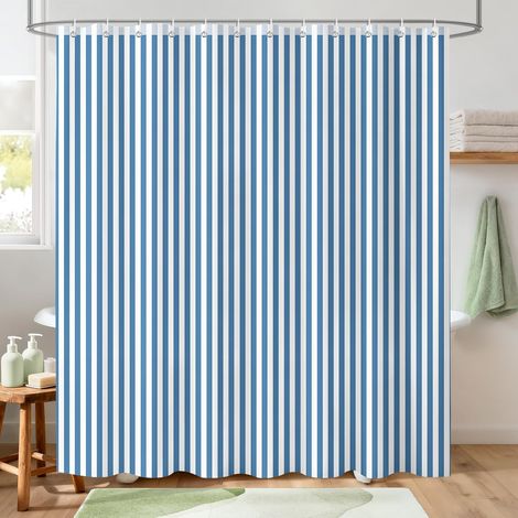 Rideau de douche rayé bleu et blanc, rideau de bain en polyester imperméable à motifs géométriques verticaux bleus avec 12 crochets 198 x 183 cm (1/5)