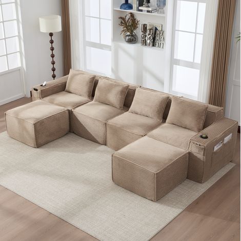 Canapé modulable 4 places 330x162x75 cm kaki en velours côtelé avec 2 poufs et porte-gobelets (1/5)