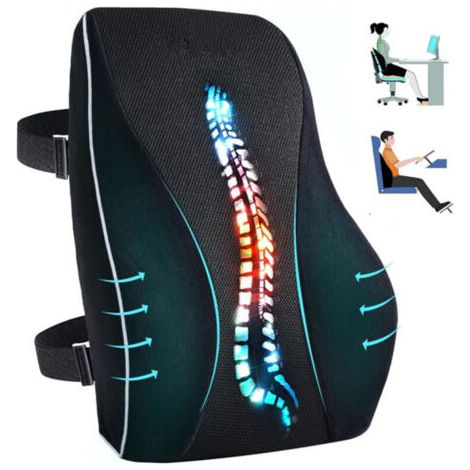 Coussin de soutien lombaire ergonomique et réversible en mousse à mémoire de forme haute densité, avec doubles sangles réglables et housse amovible. (1/4)