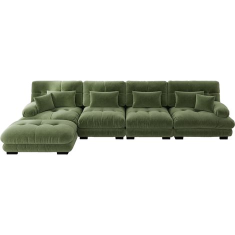 Canapé d'angle modulaire 4 places en chenille verte avec ottoman mobile (1/5)