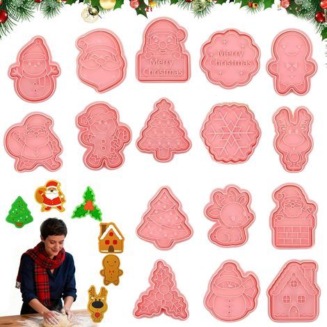 Formine per biscotti 3D in plastica, 16 pezzi, stampo per biscotti natalizi 3D, stampo per biscotti in plastica, stampo per bambini, decorazione natalizia, per fondente, biscotti, decorazione di torte (1/5)