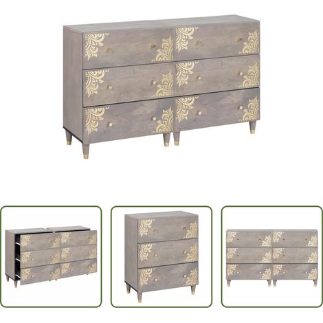 Holz - Sideboard mit Regal 2 pcs Grau 60 x 33 x 75 cm Massivholz Mango (1/5)